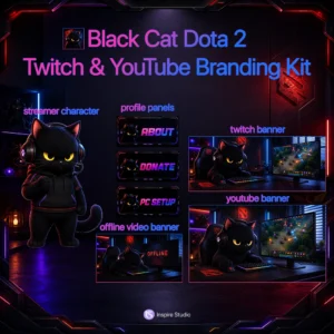 Black Cat Dota 2 Twitch & YouTube Branding Kit preview featuring a black cat gamer character, Twitch banner, YouTube banner, offline screen, and matching profile panels with a neon cyber gaming aesthetic inspired by Dota 2