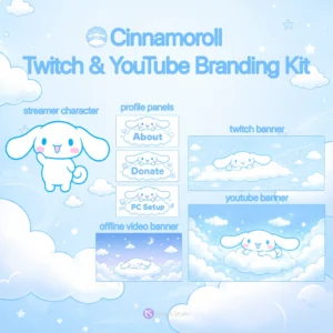Cinnamoroll Twitch & YouTube Branding Kit preview featuring a cute cloud-themed streamer character, Twitch banner, YouTube banner, offline screen, and matching profile panels in a soft pastel blue kawaii aesthetic
