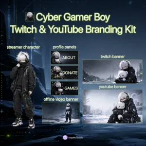 Cyber Gamer Boy Twitch & YouTube Branding Kit preview featuring an anime gamer boy streamer character, Twitch banner, YouTube banner, offline screen, and matching profile panels with a futuristic winter cyber gaming aesthetic