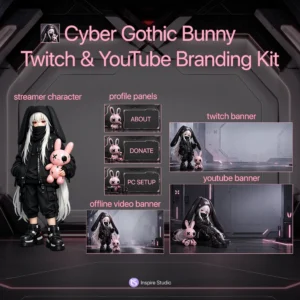 Cyber Gothic Bunny Twitch & YouTube Branding Kit preview featuring a gothic bunny streamer character, Twitch banner, YouTube banner, offline screen, and matching profile panels with a dark cyber aesthetic and pink neon accents