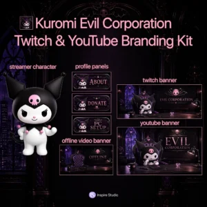 Kuromi Evil Corporation Twitch & YouTube Branding Kit preview featuring a Kuromi-inspired streamer character, Twitch banner, YouTube banner, offline screen, and matching profile panels with a dark gothic corporate aesthetic in black and purple tones