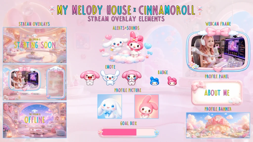 My Melody House x Cinnamoroll Stream Overlay Pack for Twitch, YouTube, and OBS with cute pastel scenes, alerts, panels, and webcam frames