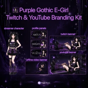 Purple Gothic E-Girl Twitch & YouTube Branding Kit preview featuring an anime-inspired gothic e-girl streamer character, Twitch banner, YouTube banner, offline screen, and matching profile panels with a dark purple aesthetic