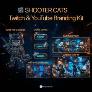 Shooter Cats Twitch YouTube Branding Kit with gaming channel banners, panels, thumbnails, shooter cat character, and streamer graphics