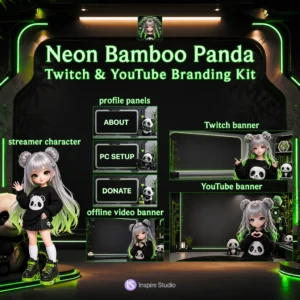 Neon Bamboo Panda Twitch & YouTube Branding Kit preview featuring neon green panda-themed Twitch banner, YouTube banner, offline screen, streamer character, and matching profile panels