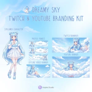 Dreamy Sky Twitch YouTube Branding Kit with pastel blue channel banners, panels, profile graphics, thumbnails, and streamer assets