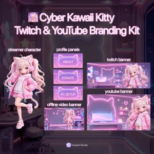 Cyber Kawaii Kitty Twitch & YouTube Branding Kit preview featuring a pink neon kitty-themed streamer character, Twitch banner, YouTube banner, offline screen, and matching profile panels for streamers and VTubers