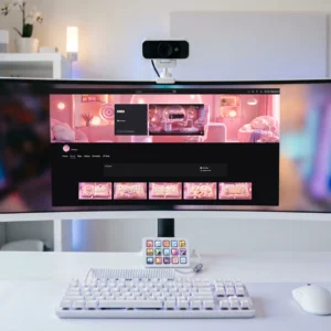 Candy Pastel Twitch & YouTube Branding Kit featuring a pastel pink streamer character, cozy candy-themed gaming room, Twitch banner, YouTube banner, profile panels, and offline screen with soft kawaii aesthetic perfect for Twitch and YouTube creators.