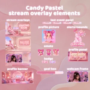 Candy Pastel Stream Overlay Elements featuring pink Twitch overlays, chatting and pause screens, webcam frame, profile banner, event panels, subscriber alert, emotes, badges, and goal box