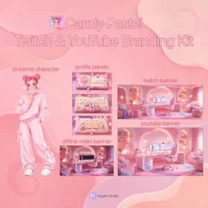 Candy Pastel Twitch & YouTube Branding Kit featuring a pastel pink streamer character, cozy candy-themed gaming room, Twitch banner, YouTube banner, profile panels, and offline screen with soft kawaii aesthetic perfect for Twitch and YouTube creators.