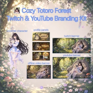 Cozy Totoro Forest Twitch and YouTube Branding Kit featuring an anime-style streamer character, forest creature, Twitch banner, YouTube banner, offline banner, and matching profile panels in a magical woodland setting