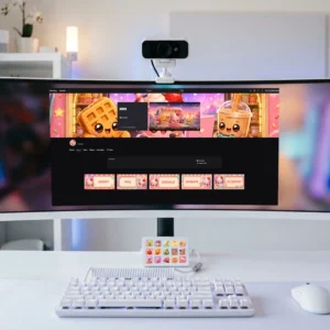 Cute Food Streamer Twitch & YouTube Branding Kit preview featuring a kawaii strawberry milkshake streamer character, Twitch banner, YouTube banner, offline screen, and matching profile panels with adorable food-themed graphics, pastel café colors, and a cozy aesthetic.