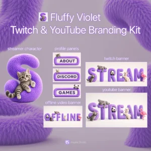 Fluffy Violet Twitch & YouTube Branding Kit preview featuring a fluffy violet streamer character, Twitch banner, YouTube banner, offline screen, and matching profile panels with soft furry typography, adorable animals, and a pastel purple aesthetic.