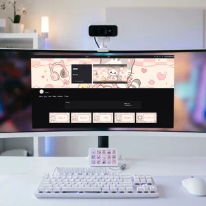 Pastel Kitty Playroom Twitch & YouTube Branding Kit featuring a cute pastel kitten gamer holding a controller, soft pink kawaii playroom aesthetic, Twitch banner, YouTube banner, profile panels, and offline screen for Twitch and YouTube streamers.