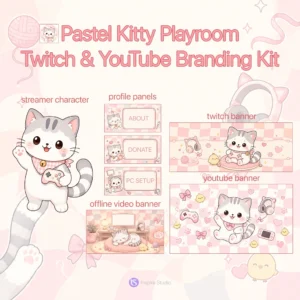 Pastel Kitty Playroom Twitch & YouTube Branding Kit featuring a cute pastel kitten gamer holding a controller, soft pink kawaii playroom aesthetic, Twitch banner, YouTube banner, profile panels, and offline screen for Twitch and YouTube streamers.
