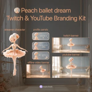 Peach Ballet Dream Twitch & YouTube Branding Kit preview featuring an elegant ballerina streamer character, Twitch banner, YouTube banner, offline screen, and matching profile panels in soft peach and pastel tones with a classical ballet aesthetic.