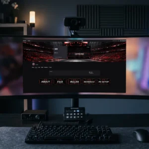 Sport & Esport Streamer Twitch & YouTube Branding Kit featuring male and female streamer avatars, esports arena Twitch banner, YouTube banner, offline screen, and matching gaming profile panels in a modern black and red competitive design.